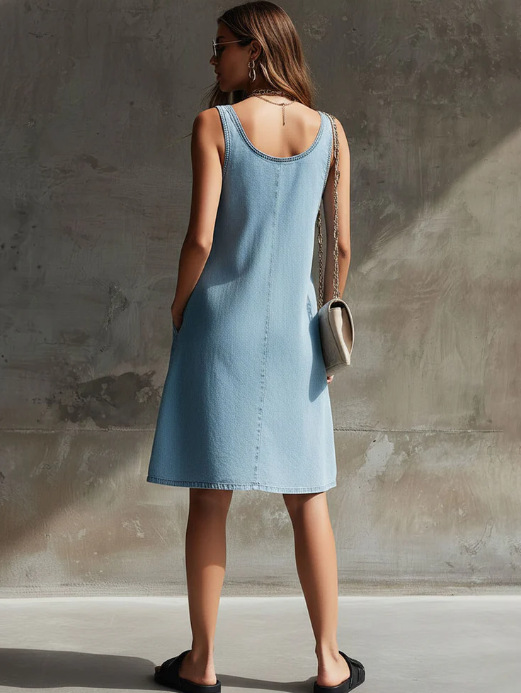 Womens Sleeveless Denim Dress - Button-Front Scoop Neck A-Line Dress
